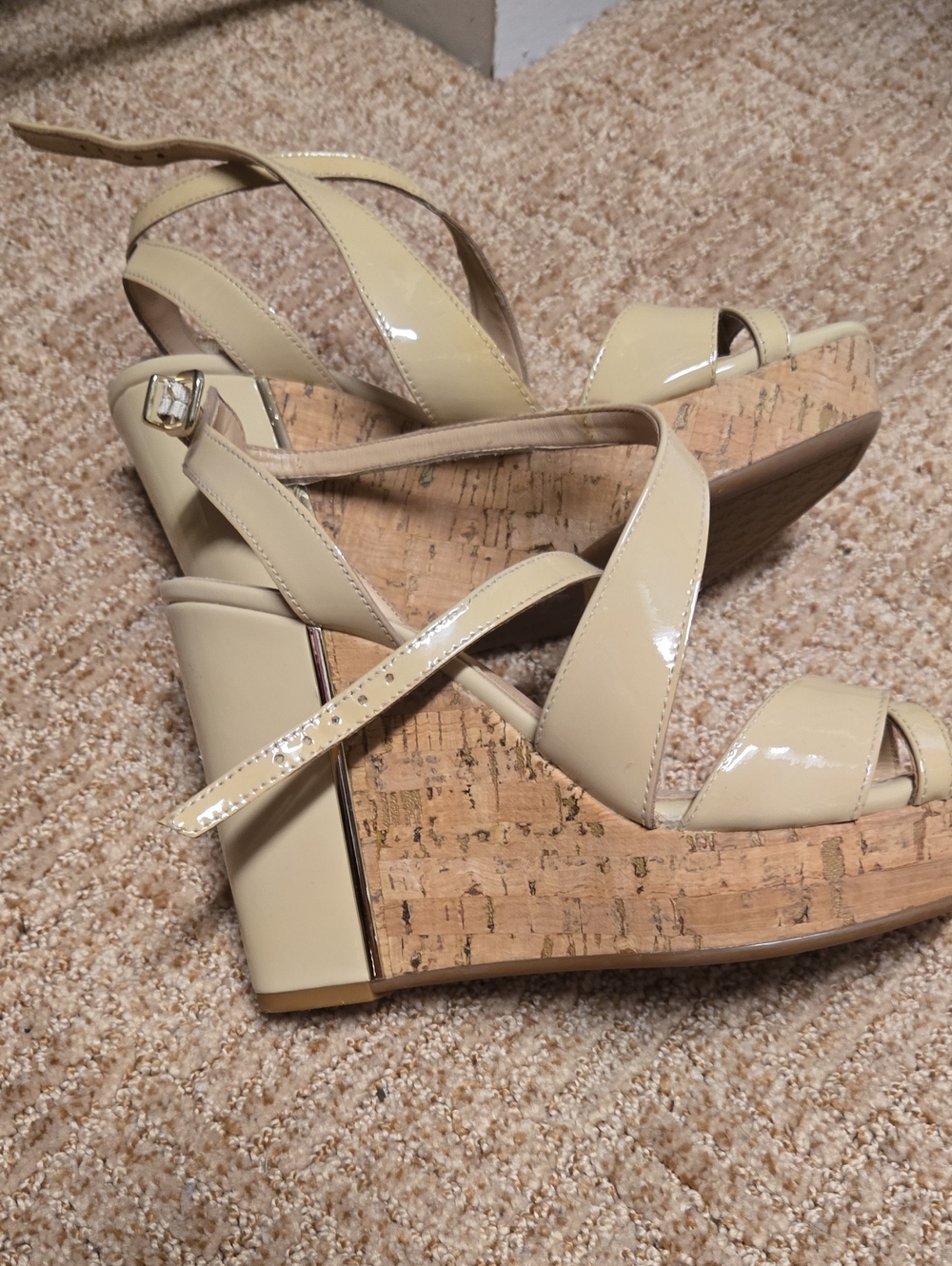 ANTONIO MELANI Cream Patent Leather Cork Wedge Sandals